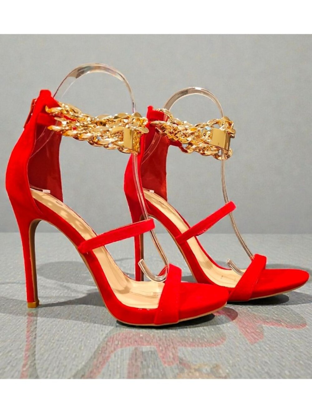 Red High Heel Sandals With Gold Chain Ankle Strap